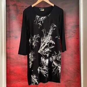 Foley tunic black viscose polyester stretch trees patterns 3/4 sleeves med